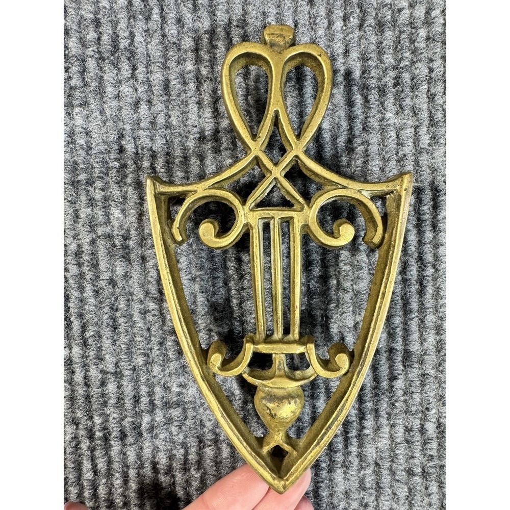 Antique Brass Shield‎ Trivet with Scroll Pattern, Gold, 8x4 in